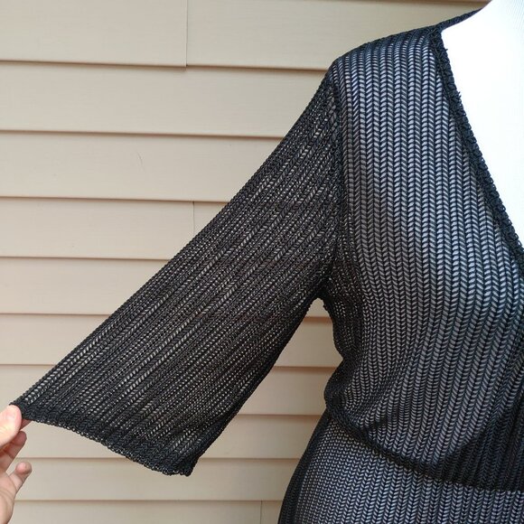 Black Sheer Swimsuit Cover-Up Plunging V-Neck 3/4 Sleeves Beach Vacation Cruise - Picture 5 of 8